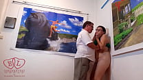 ENF Public domination Man makes defenseless helpless slut suck his dick rough. Guy undressed lady at the art gallery