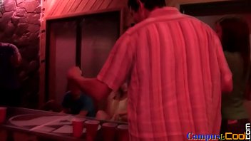 Amateur beer pong babe blows teen cock